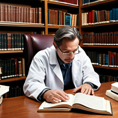 Home 19 ** A researcher meticulously reviewing scientific articles, surrounded by books and papers, highlighting gaps in existing research with a focused expression. Emphasize the setting as a cozy library or study room.
**