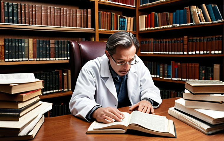 ** A researcher meticulously reviewing scientific articles, surrounded by books and papers, highlighting gaps in existing research with a focused expression. Emphasize the setting as a cozy library or study room.

**