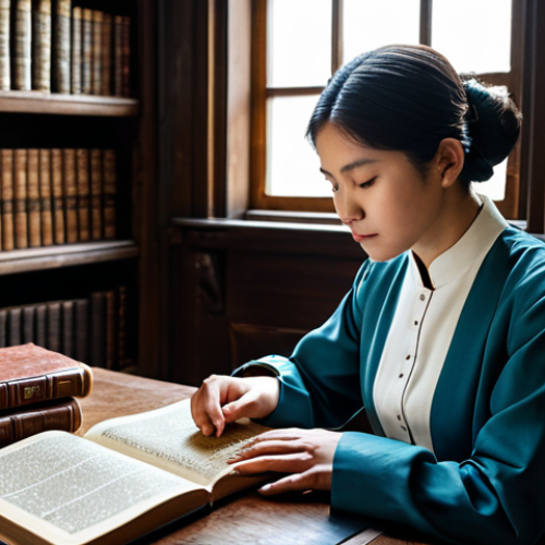 Home 18 A professional female practitioner of Eastern medicine, fully clothed in modest, traditional, and appropriate attire, seated at a polished wooden desk. The background features shelves filled with ancient, leather-bound books and scrolls, bathed in soft, natural light from a window. She is intently reading an open, ornate historical text, with an expression of deep concentration and wisdom. Her hands are gently resting on the book, well-formed and with proper finger count. high-quality professional photography, perfect anatomy, correct proportions, natural pose, realistic, highly detailed, serene atmosphere, safe for work, appropriate content, fully clothed, professional.