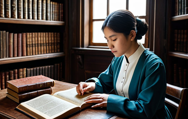 A professional female practitioner of Eastern medicine, fully clothed in modest, traditional, and appropriate attire, seated at a polished wooden desk. The background features shelves filled with ancient, leather-bound books and scrolls, bathed in soft, natural light from a window. She is intently reading an open, ornate historical text, with an expression of deep concentration and wisdom. Her hands are gently resting on the book, well-formed and with proper finger count. high-quality professional photography, perfect anatomy, correct proportions, natural pose, realistic, highly detailed, serene atmosphere, safe for work, appropriate content, fully clothed, professional.