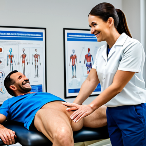 Home 8 **
A professional physical therapist in a modern, well-lit clinic, demonstrating a rehabilitation exercise to a fully clothed patient. The patient is smiling and engaged. The therapist is wearing appropriate professional attire. Background includes medical equipment and posters promoting health and wellness. Perfect anatomy, correct proportions, natural pose, well-formed hands, proper finger count, natural body proportions, safe for work, appropriate content, fully clothed, professional, modest, family-friendly.
**