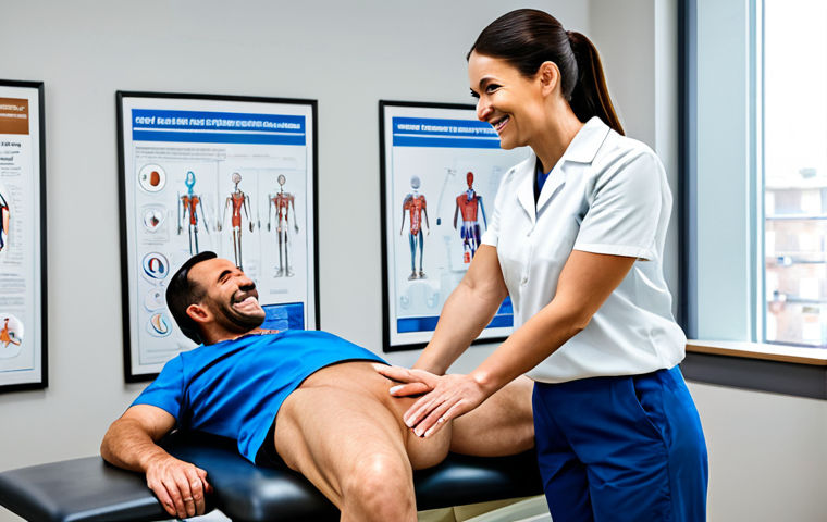 **

A professional physical therapist in a modern, well-lit clinic, demonstrating a rehabilitation exercise to a fully clothed patient. The patient is smiling and engaged. The therapist is wearing appropriate professional attire. Background includes medical equipment and posters promoting health and wellness. Perfect anatomy, correct proportions, natural pose, well-formed hands, proper finger count, natural body proportions, safe for work, appropriate content, fully clothed, professional, modest, family-friendly.

**