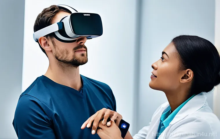 한방재활치료사로서 환자와의 소통 방법 - **Prompt:** A dynamic male rehabilitation specialist, in his early 40s, is enthusiastically encourag...