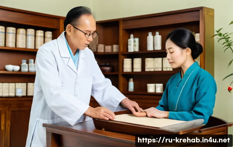 한방재활치료사 실무와 이론 차이점 - A serene traditional Eastern medicine clinic scene with a middle-aged female practitioner attentivel...