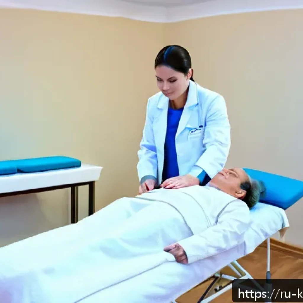 한방재활치료사 업무 중 겪는 에피소드 - A calm and professional rehabilitation clinic room showcasing a middle-aged Russian patient dressed ...