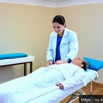 한방재활치료사 업무 중 겪는 에피소드 - A calm and professional rehabilitation clinic room showcasing a middle-aged Russian patient dressed ...