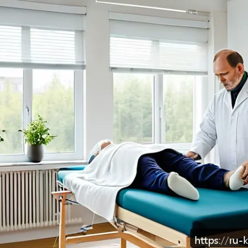 한방재활치료사 면접 질문 및 답변 예시 - A serene rehabilitation clinic room featuring a middle-aged Russian patient wearing comfortable clot...