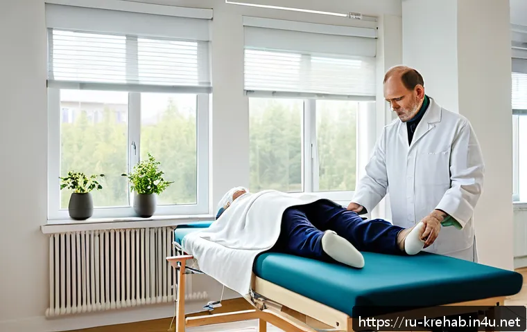 한방재활치료사 면접 질문 및 답변 예시 - A serene rehabilitation clinic room featuring a middle-aged Russian patient wearing comfortable clot...