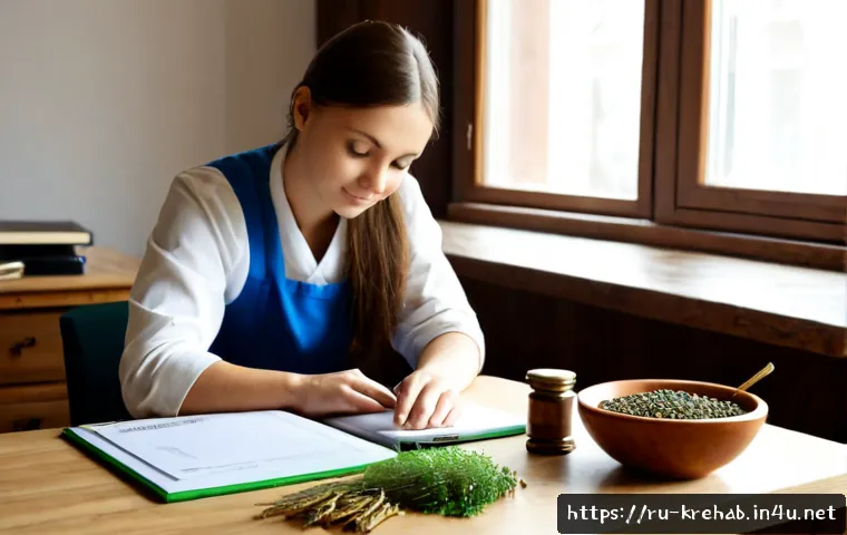 한방재활치료사 자격증 취득 비용 - Photorealistic Russian adult student planning a traditional herbal rehabilitation therapy qualificat...